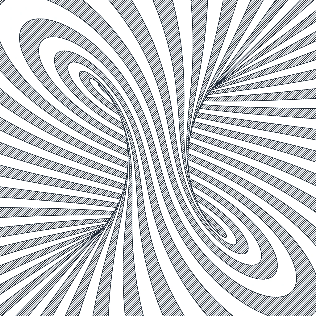 Generative line-art thumbnail: an immersive close-up of a hidden-line 3D torus, hatched bands sweeping edge to edge into two swirling vortices, evoking continuous flow twisting through a loop