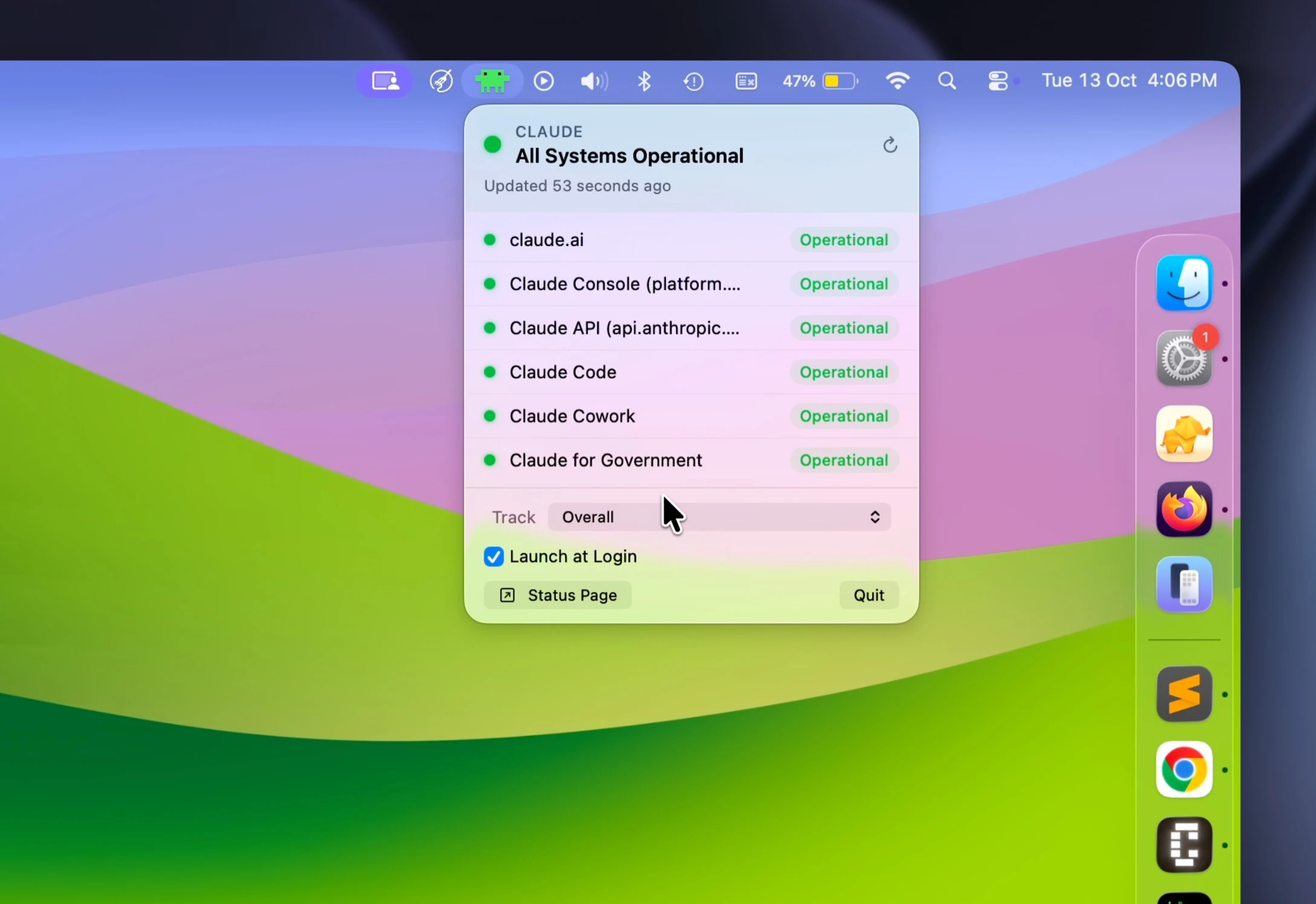 Menu bar app showing live Anthropic service status for claude.ai, Console, API, Claude Code and Cowork