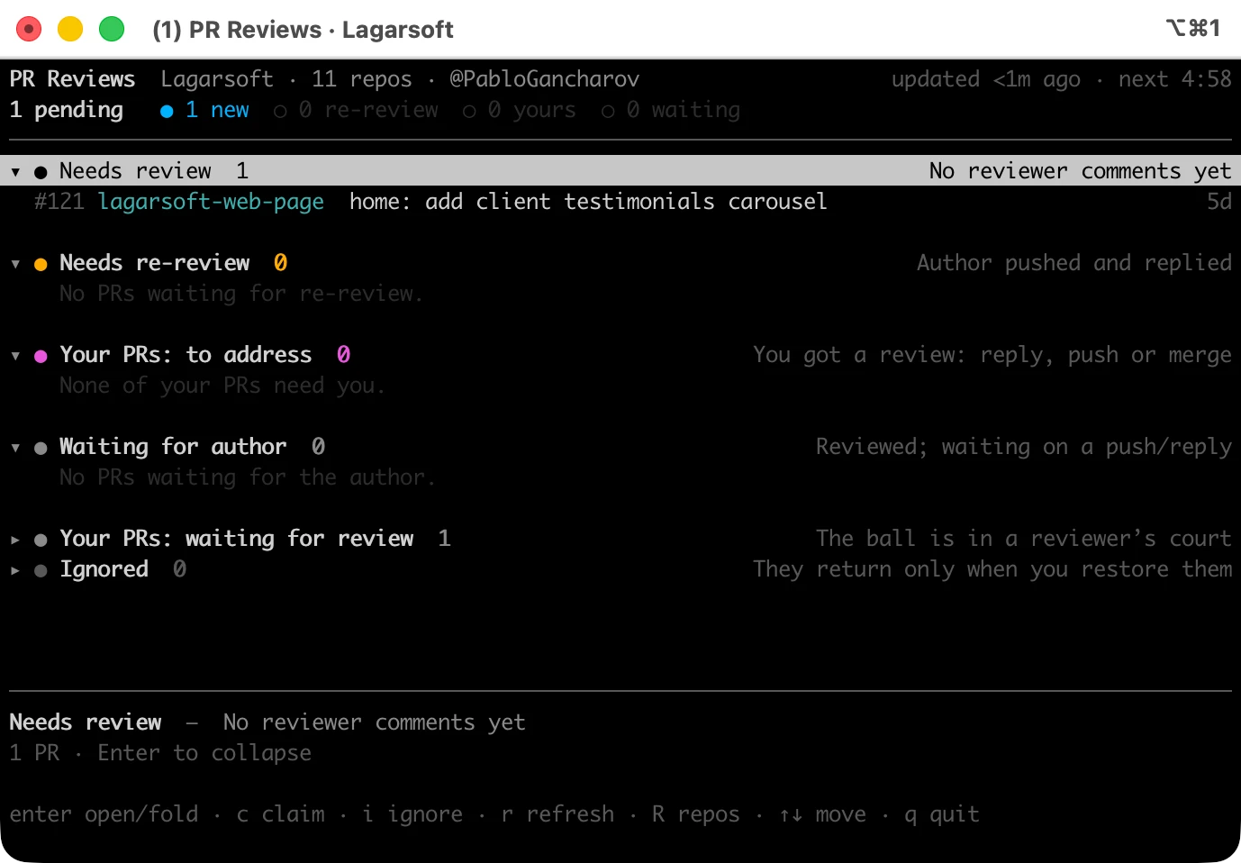 PR Review Notifier terminal UI classifying pull requests by whether they need review, re-review, or are waiting for the author, driven by keyboard shortcuts