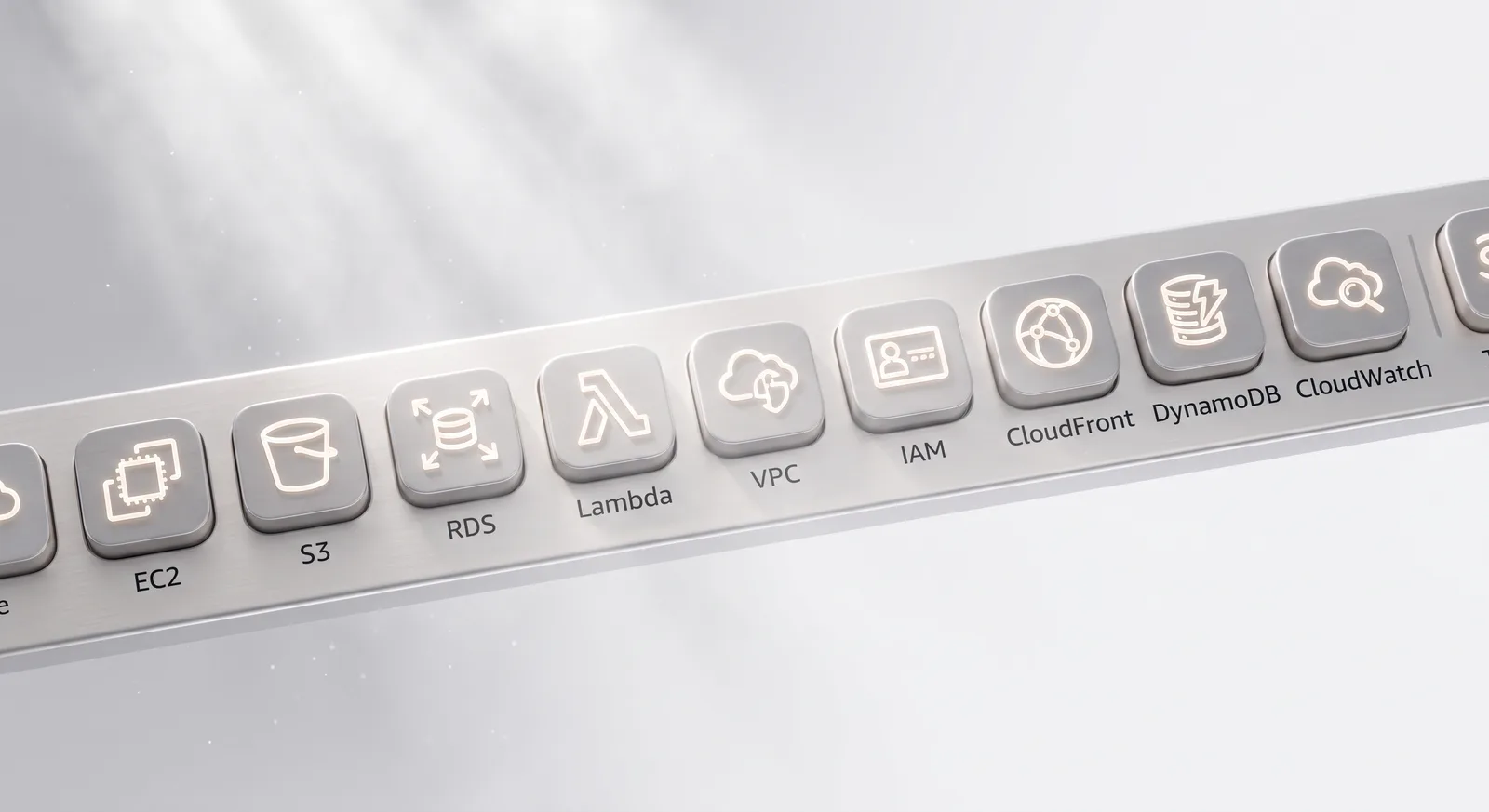 A row of AWS service icons: EC2, S3, RDS, Lambda, VPC, IAM, CloudFront, DynamoDB and CloudWatch, each a line item on the monthly bill