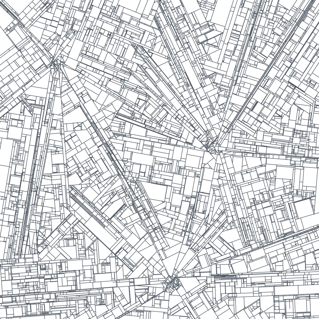 Generative line-art thumbnail: a dense circuit-like maze of interlocking rectangles radiating from a few focal points, evoking a floorplan resolving into walls and cut lists