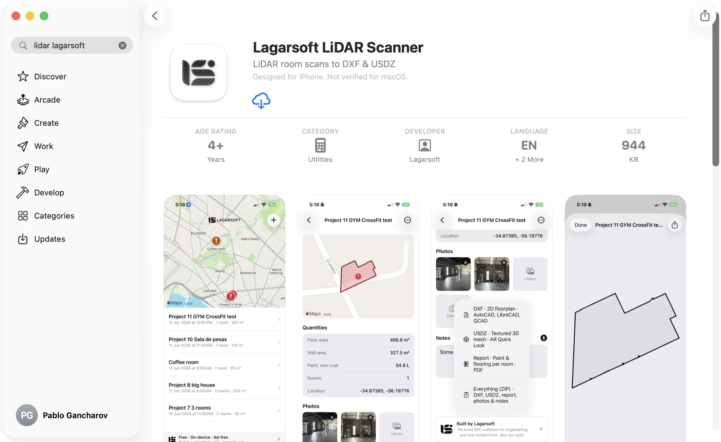 Lagarsoft LiDAR Scanner on the App Store, showing the project list with map, per-room quantities, exports, and floorplan views