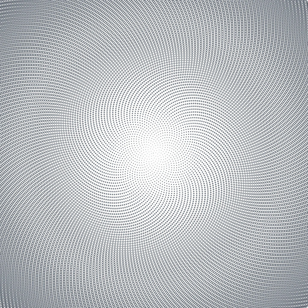 Generative line-art thumbnail: thousands of small circles arranged in a golden-angle phyllotaxis spiral radiating from a bright center, evoking order emerging from many small parts