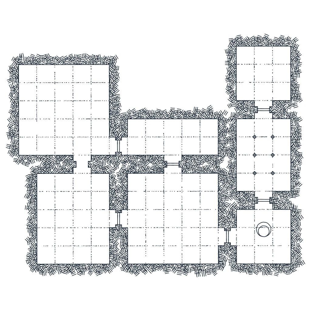 Hand-drawn plotter-style floorplan: rooms, doors, and columns walled in by cross-hatched rock, evoking a scanned plan waiting to be read as data