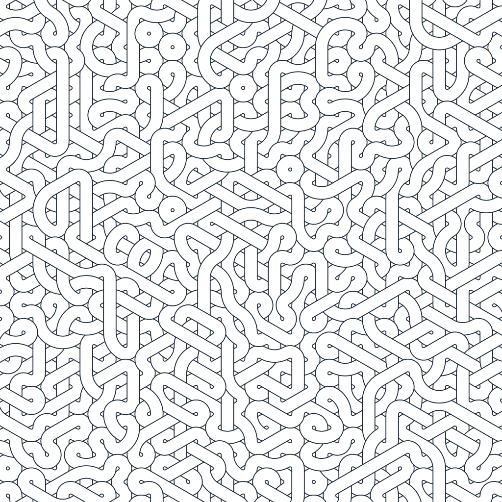 Generative line-art thumbnail: interlocking hexagonal knot tiles woven over and under each other into a dense continuous lattice, evoking connected structural members