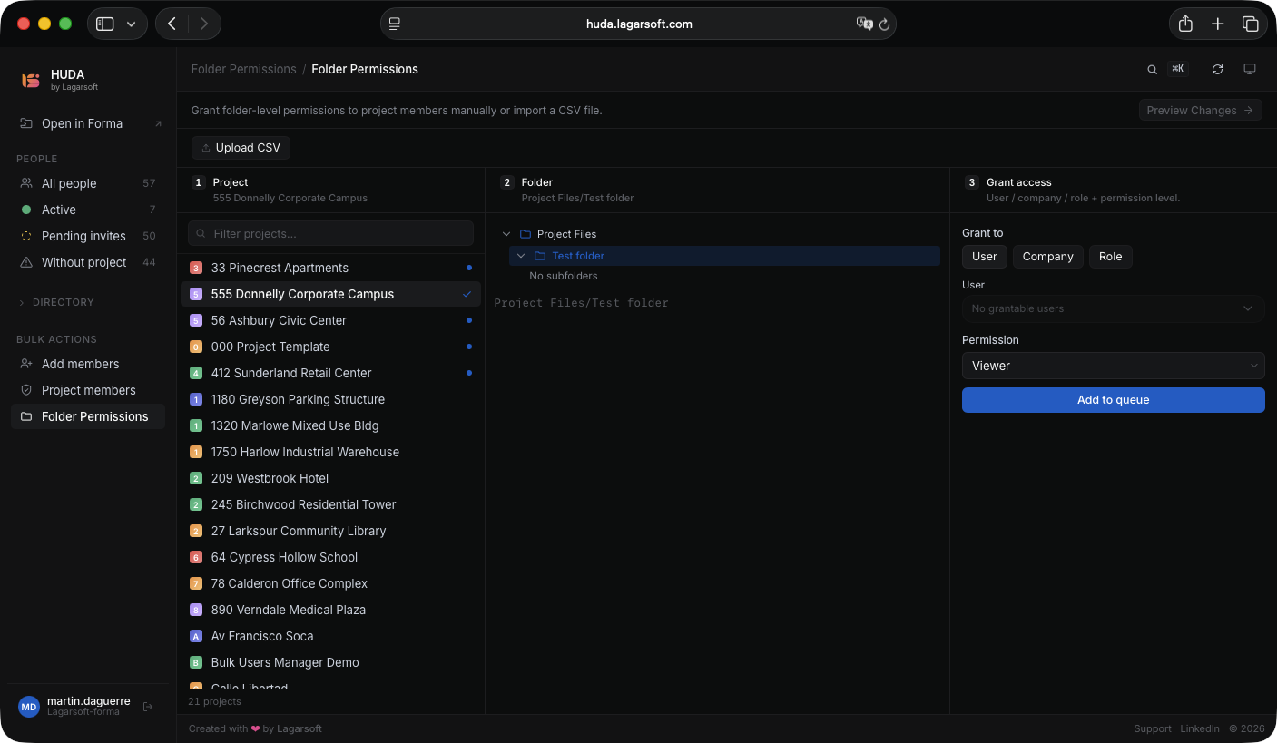 HUDA folder permissions screen with a project folder tree and a panel granting access by user, company, or role