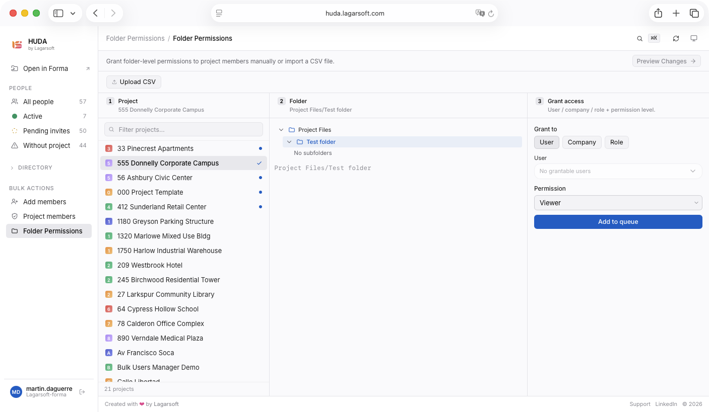 HUDA folder permissions screen with a project folder tree and a panel granting access by user, company, or role