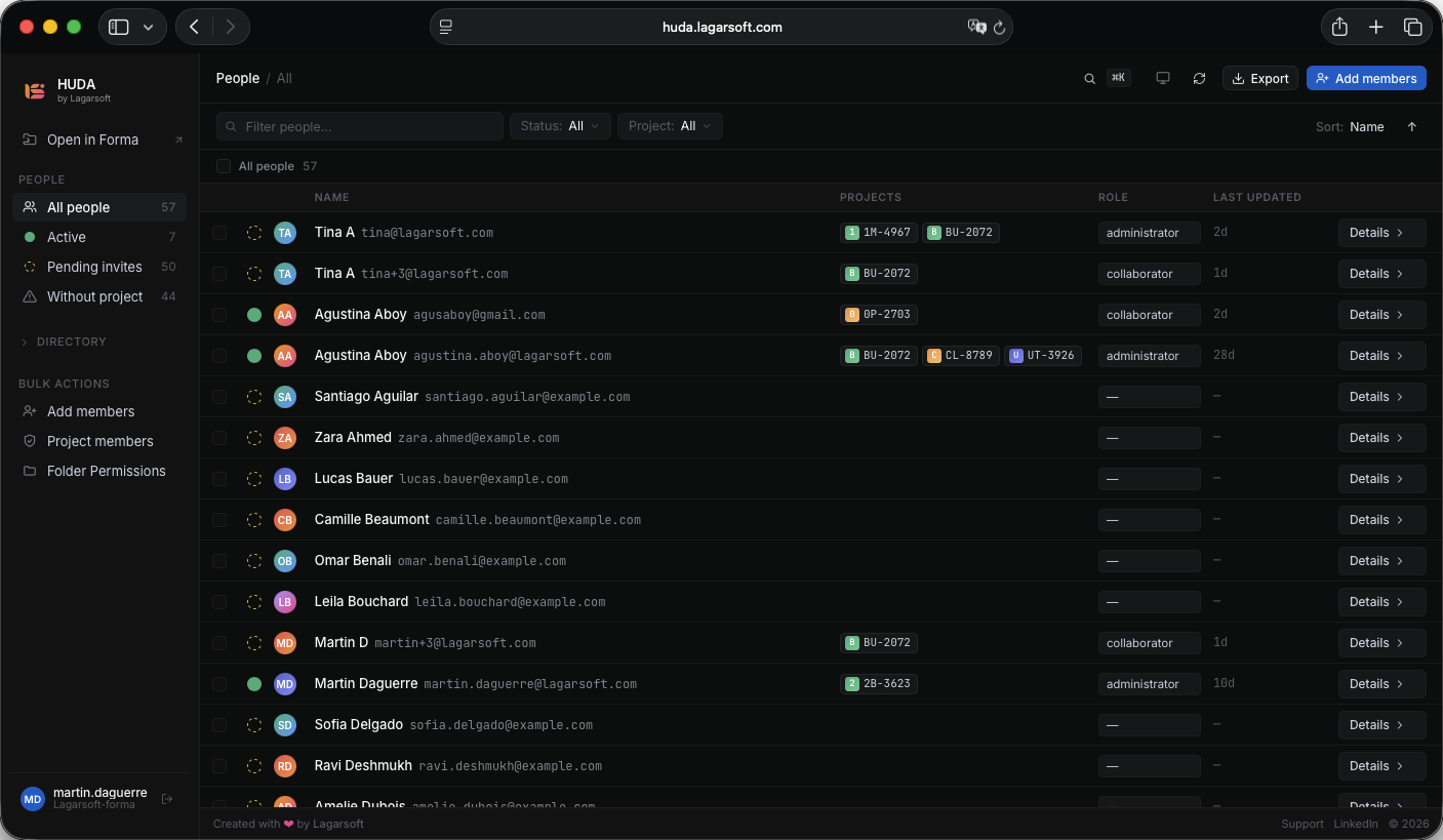 HUDA member directory listing every member of an Autodesk hub with their projects, role, and last login