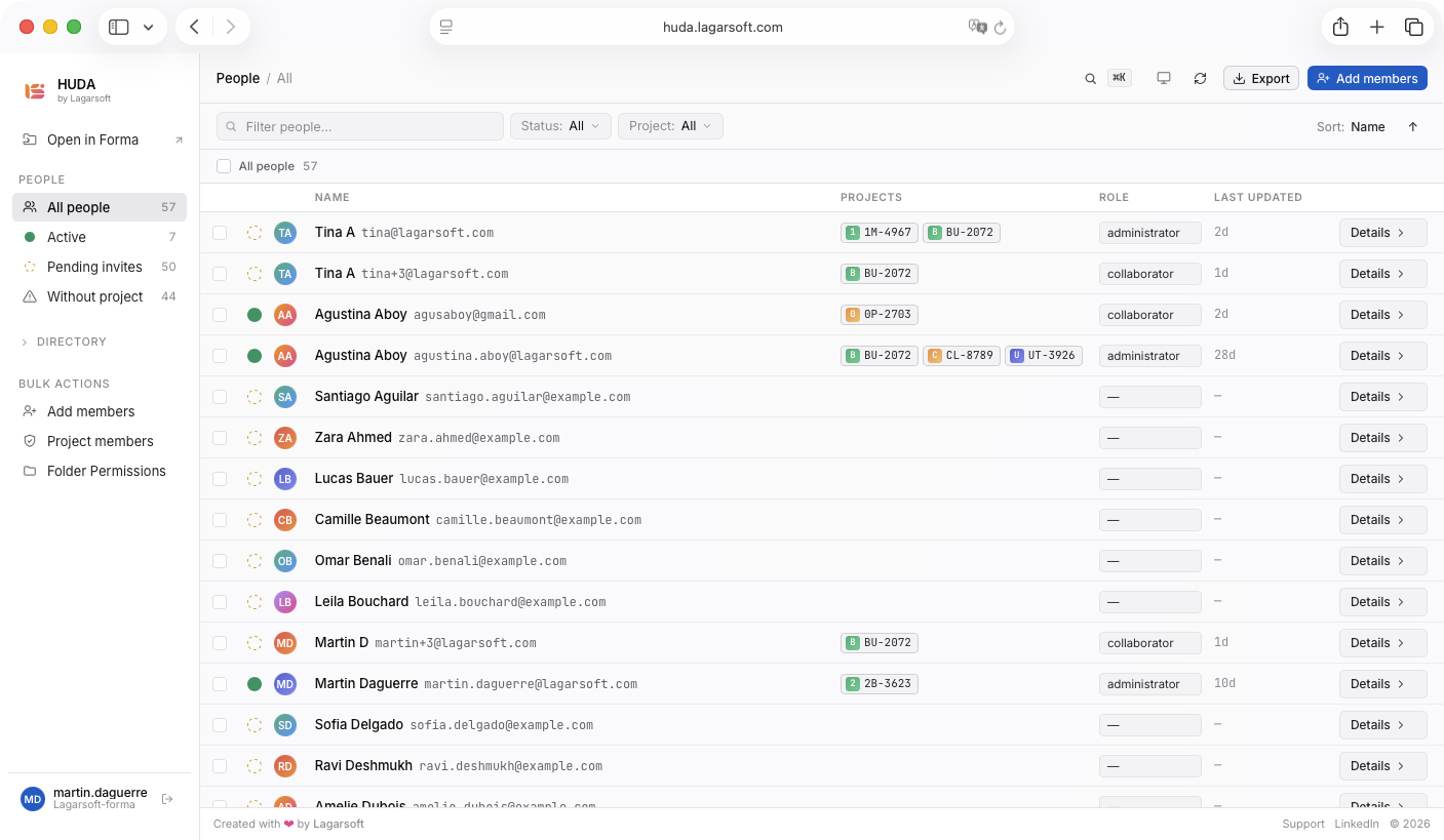 HUDA member directory listing every member of an Autodesk hub with their projects, role, and last login