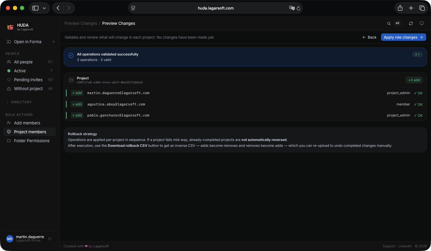 HUDA preview screen validating bulk project-membership changes before they run: each add operation shows its role and an OK status, with a rollback note below