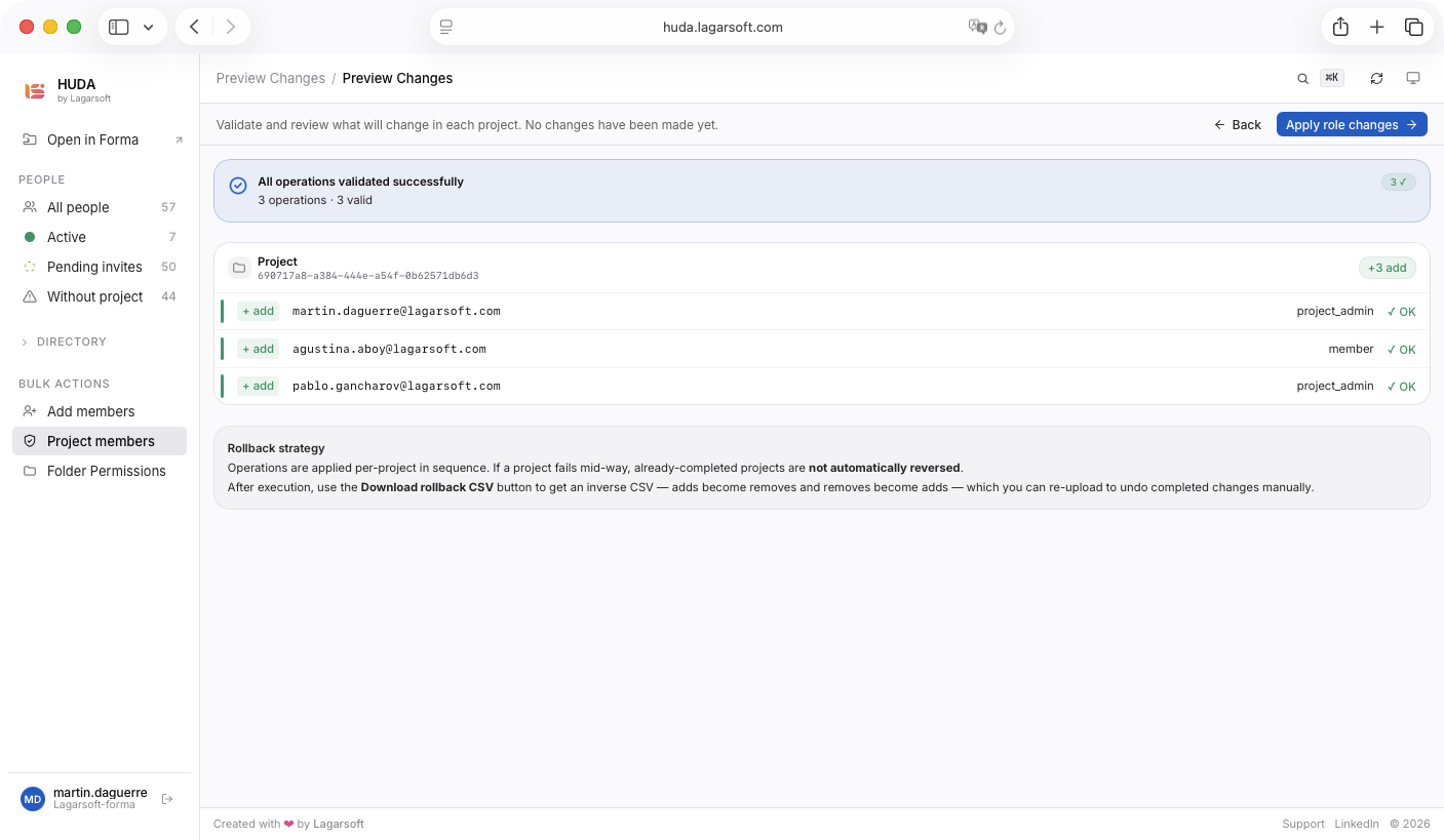 HUDA preview screen validating bulk project-membership changes before they run: each add operation shows its role and an OK status, with a rollback note below