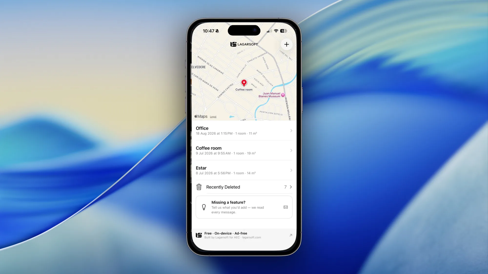 Lagarsoft LiDAR Scanner home screen on iPhone: scanned projects on a map with dates, room counts, and floor areas