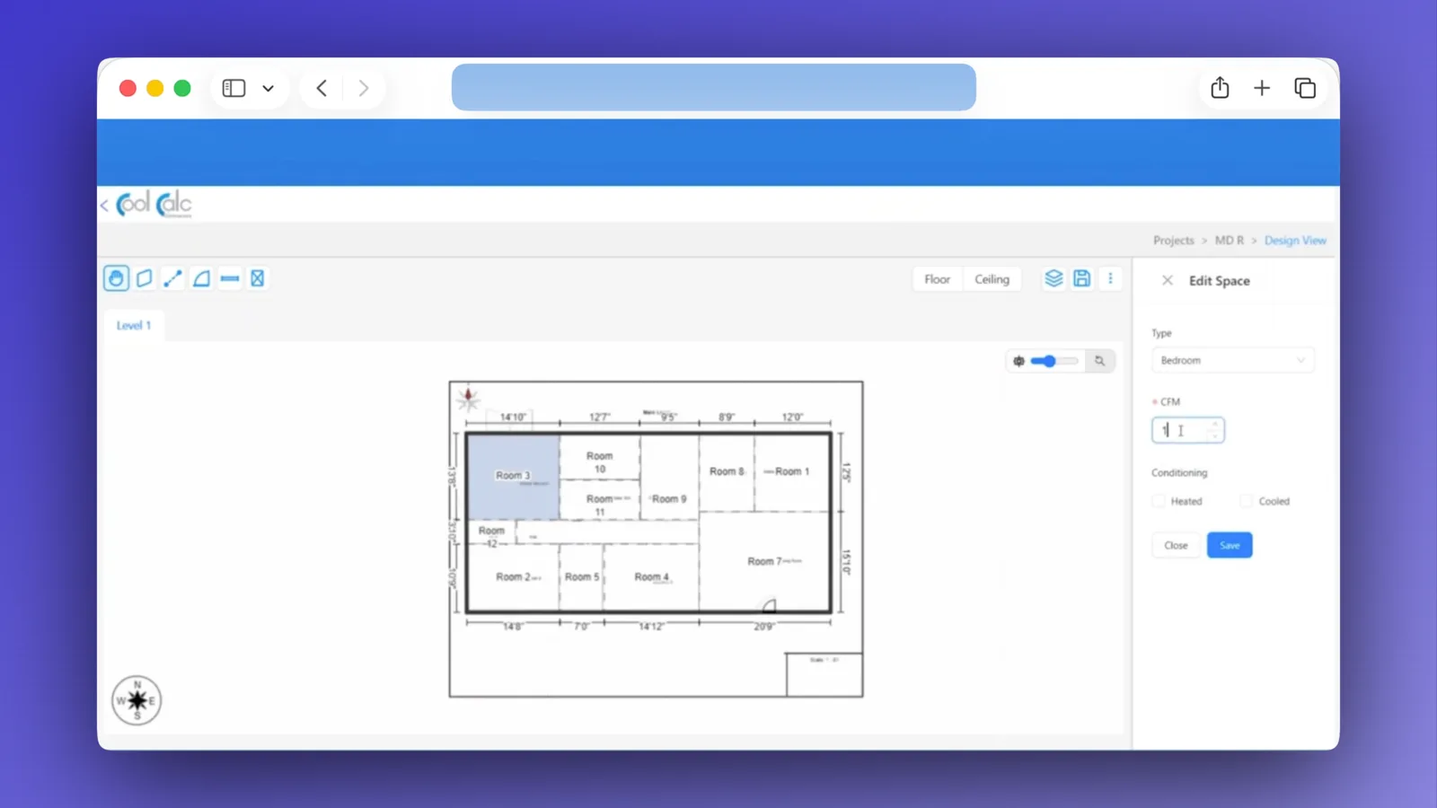 Floor-plan design view in the custom modeling tool Lagarsoft built for CoolCalc, showing per-room HVAC configuration and an Edit Space panel with CFM and conditioning settings