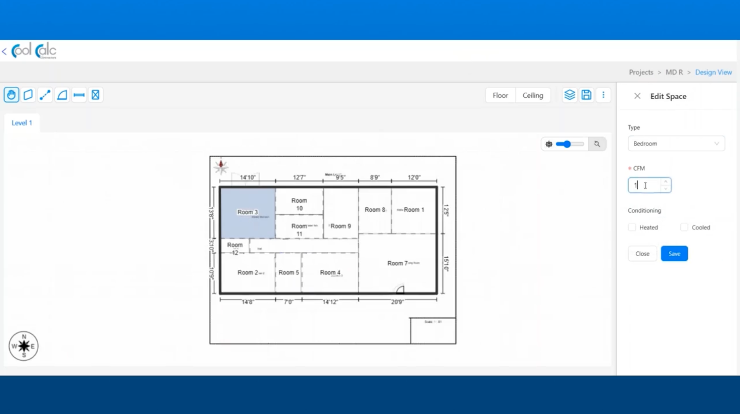Floor-plan design view in the custom modeling tool Lagarsoft built for DCNE, showing per-room HVAC configuration