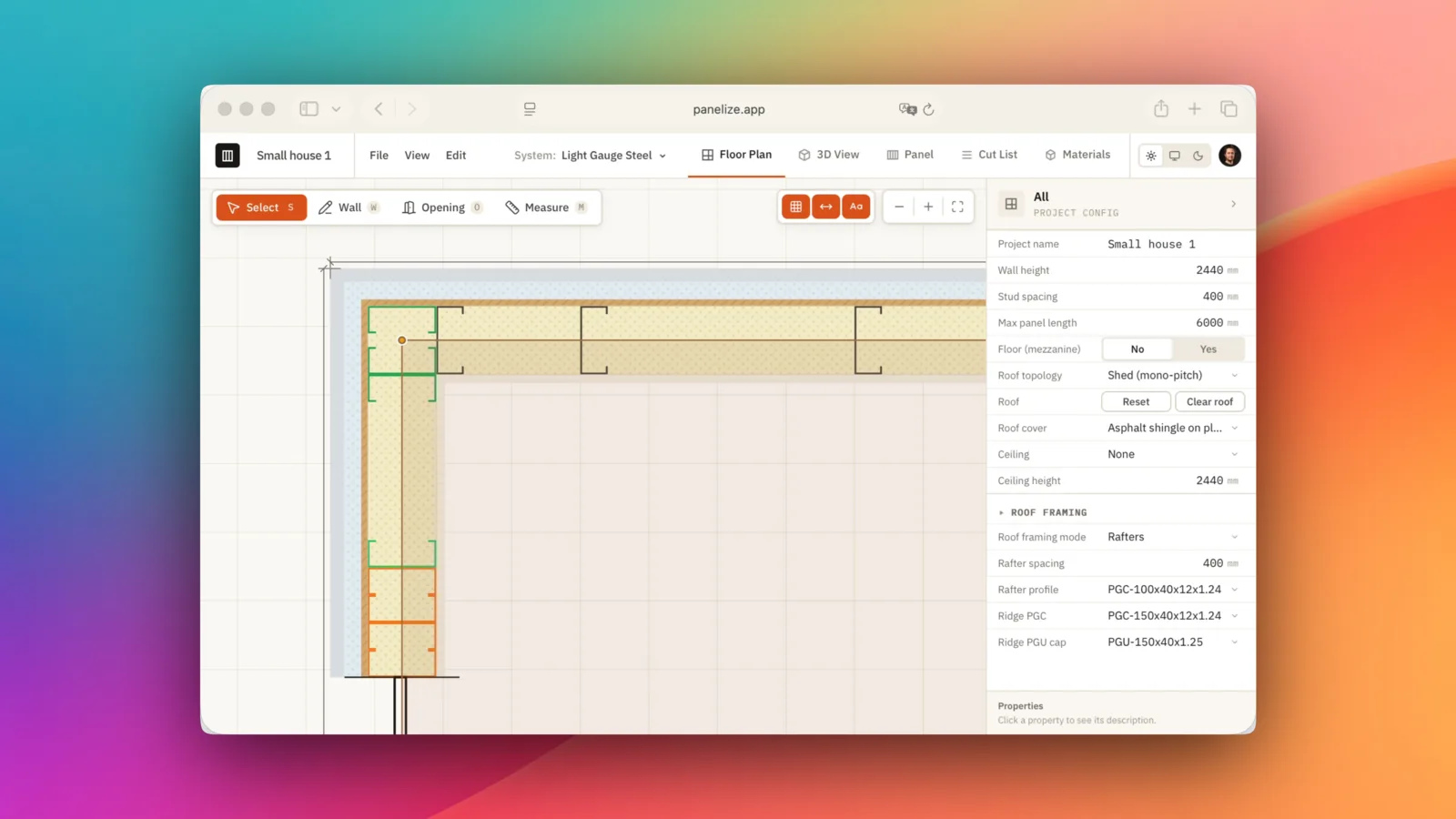 Panelize.app floor plan editor in light-gauge steel mode showing framed wall panels with a project config panel for stud spacing, panel length, and roof framing
