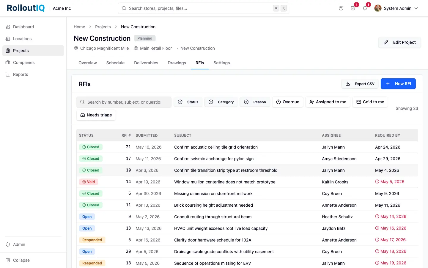 RolloutIQ project view with Requests for Information, built by Lagarsoft for Rila Consulting