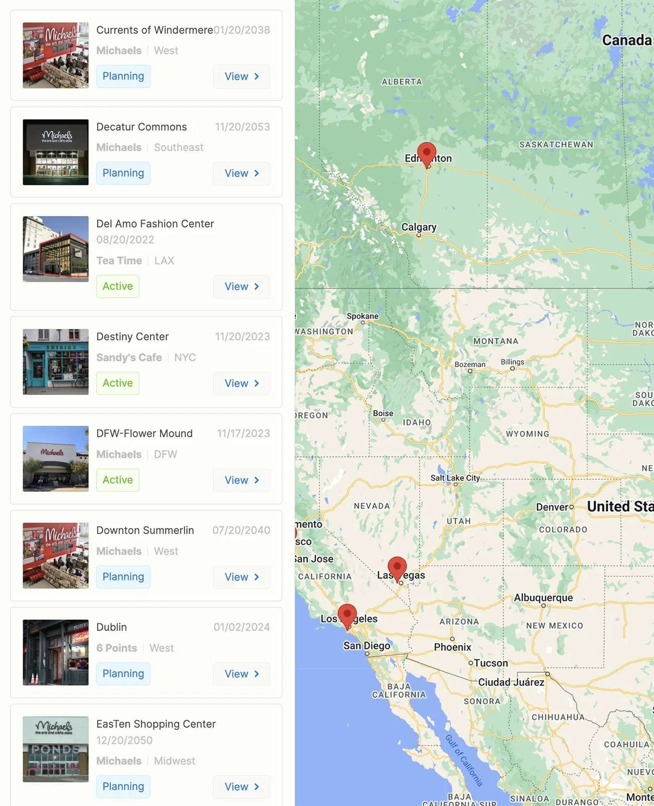SiteRise locations view with map and project list, built end to end by Lagarsoft for The Oak Group